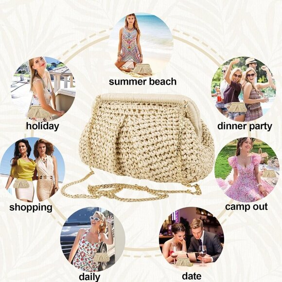 Straw Clutch Purse Women Woven Dumpling Bag Beach Crossbody Summer Stylish - Picture 7 of 8